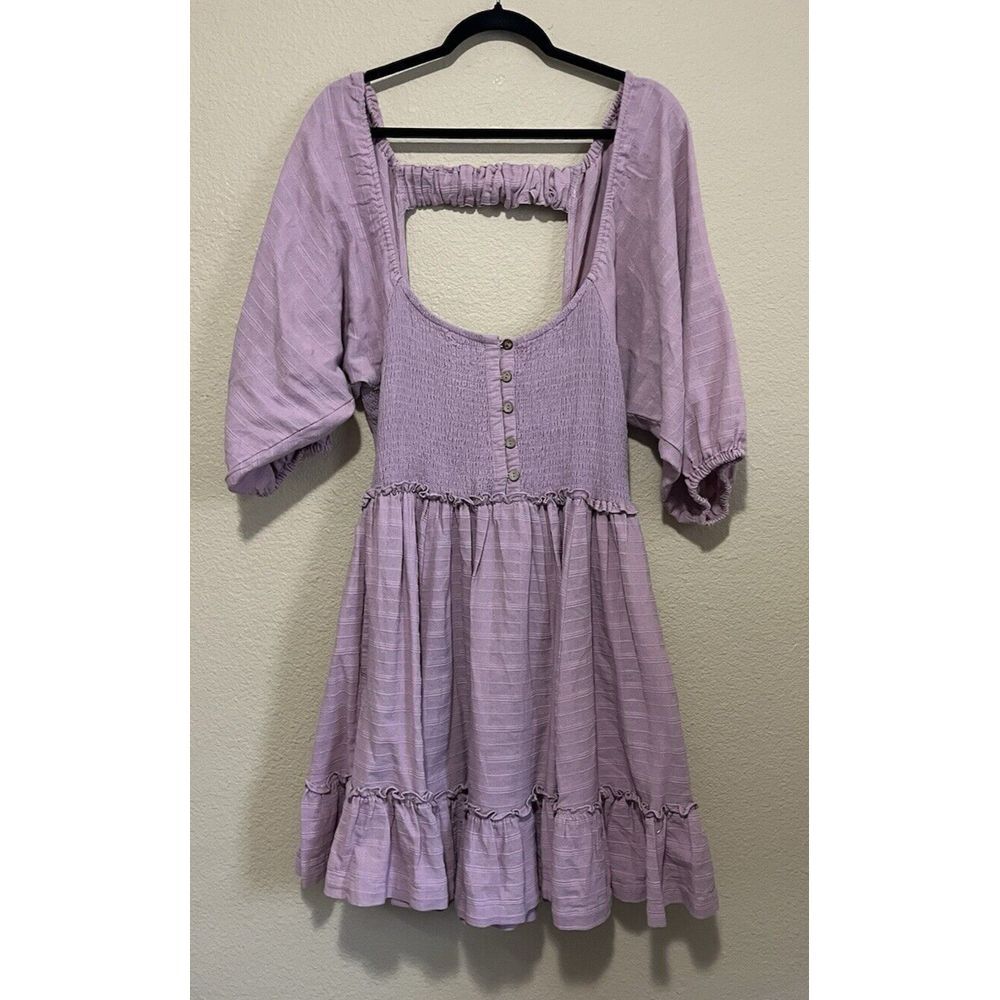 Free People Summer Picnic Mini Dress Smocked Wide Balloon Sleeve Large Pink